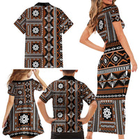 Fiji Masi Tapa Pattern Orange Family Matching Short Sleeve Bodycon Dress and Hawaiian Shirt - Polynesian Pride