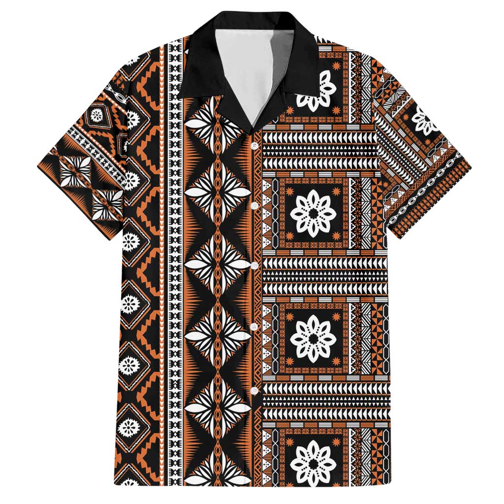 Fiji Masi Tapa Pattern Orange Family Matching Short Sleeve Bodycon Dress and Hawaiian Shirt - Polynesian Pride