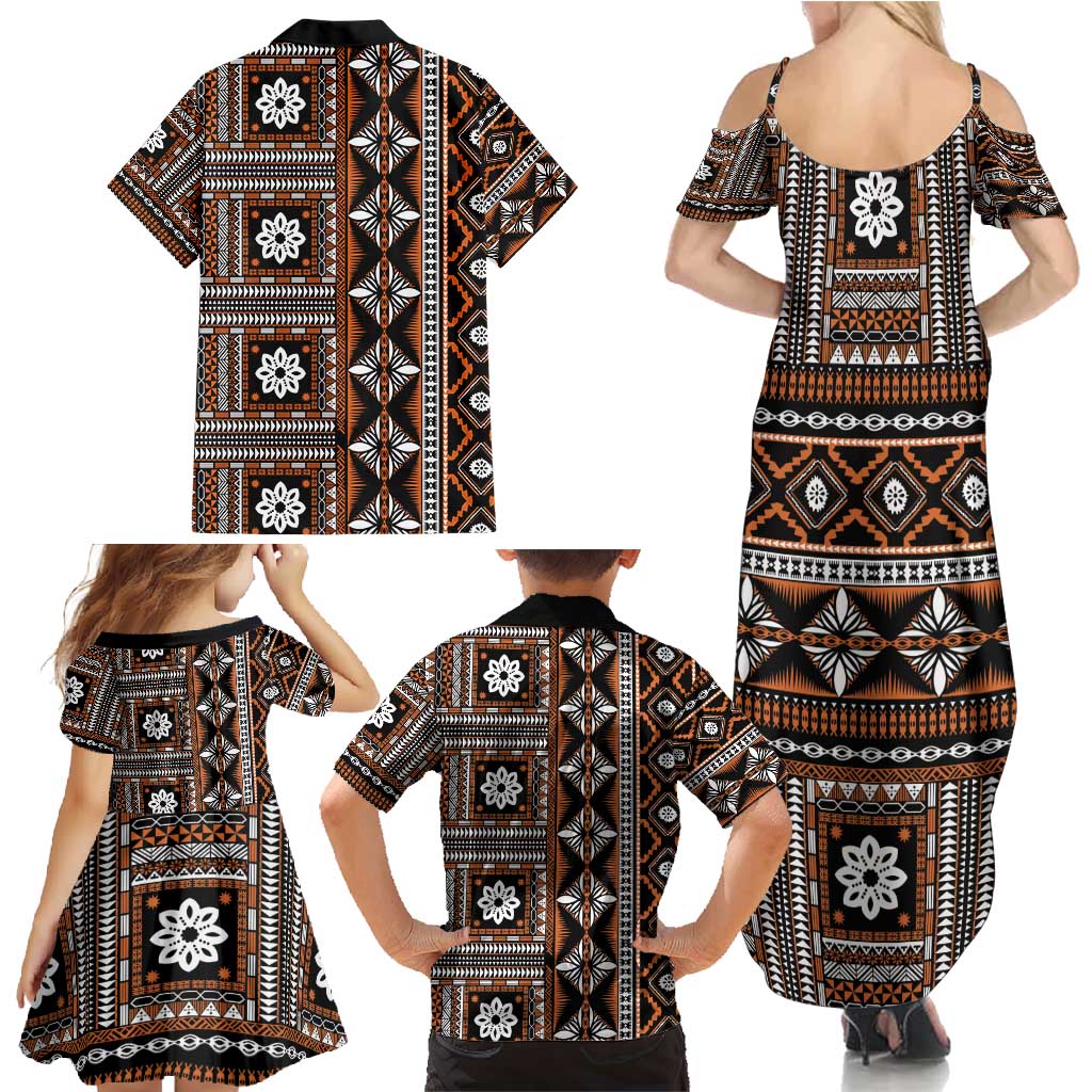 Fiji Masi Tapa Pattern Orange Family Matching Summer Maxi Dress and Hawaiian Shirt - Polynesian Pride