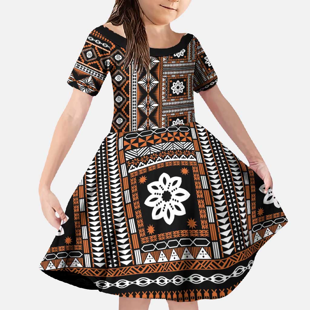 Fiji Masi Tapa Pattern Orange Family Matching Tank Maxi Dress and Hawaiian Shirt - Polynesian Pride