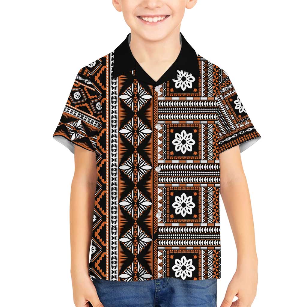 Fiji Masi Tapa Pattern Orange Family Matching Tank Maxi Dress and Hawaiian Shirt - Polynesian Pride