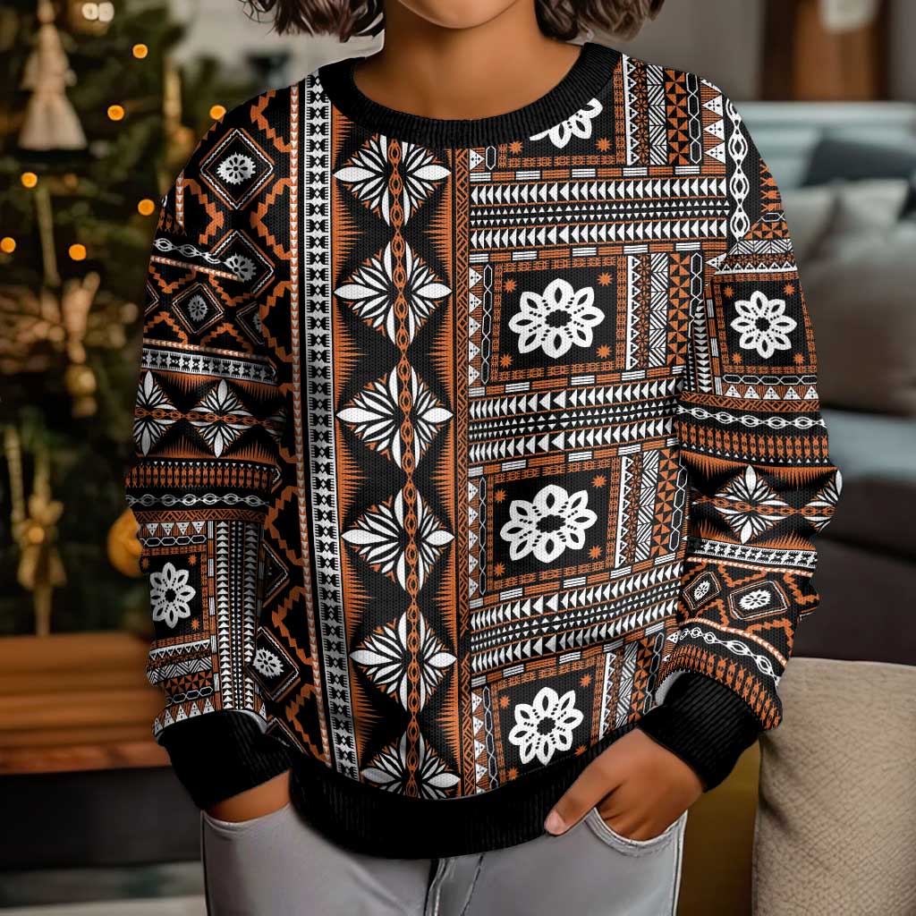 Fiji Masi Tapa Pattern Orange Kid Ugly Christmas Sweater - Polynesian Pride