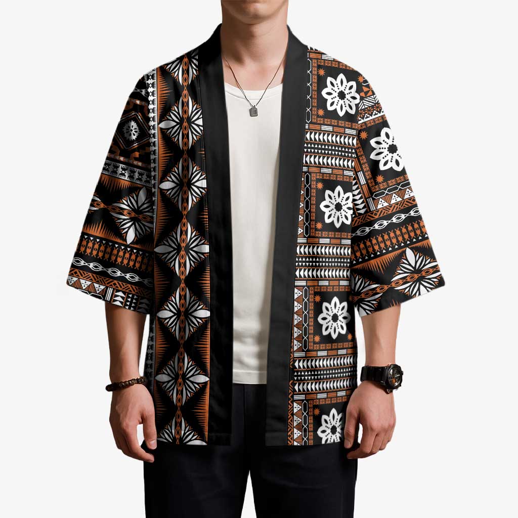 Fiji Masi Tapa Pattern Orange Kimono - Polynesian Pride
