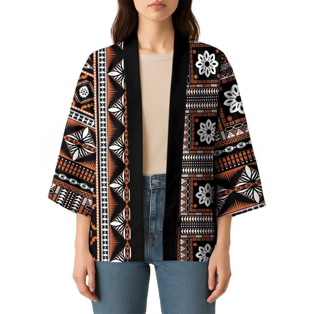 Fiji Masi Tapa Pattern Orange Kimono - Polynesian Pride