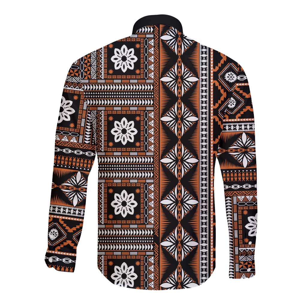 Fiji Masi Tapa Pattern Orange Long Sleeve Button Shirt - Polynesian Pride