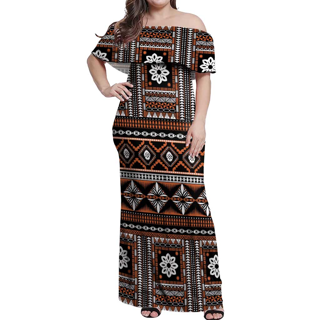 Fiji Masi Tapa Pattern Orange Off Shoulder Maxi Dress - Polynesian Pride