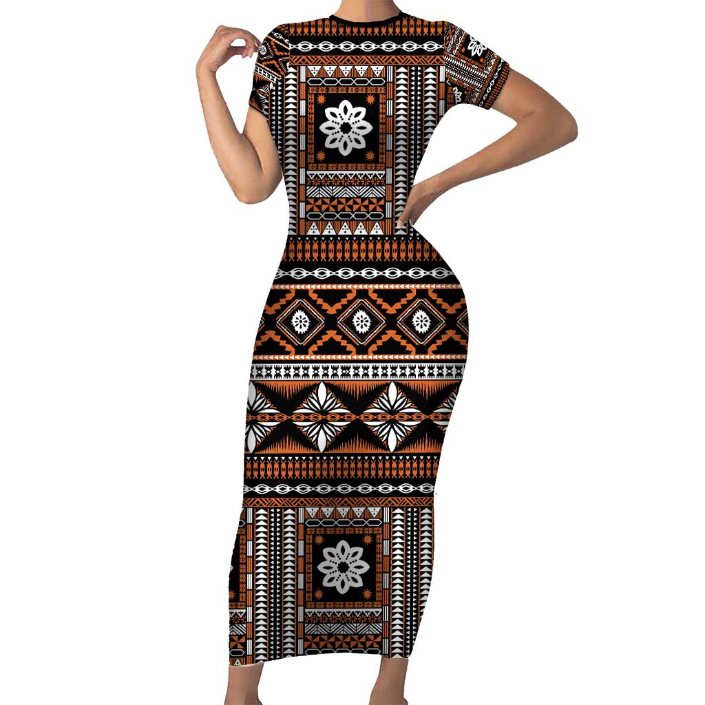 Fiji Masi Tapa Pattern Orange Short Sleeve Bodycon Dress LT01 Long Dress Orange - Polynesian Pride
