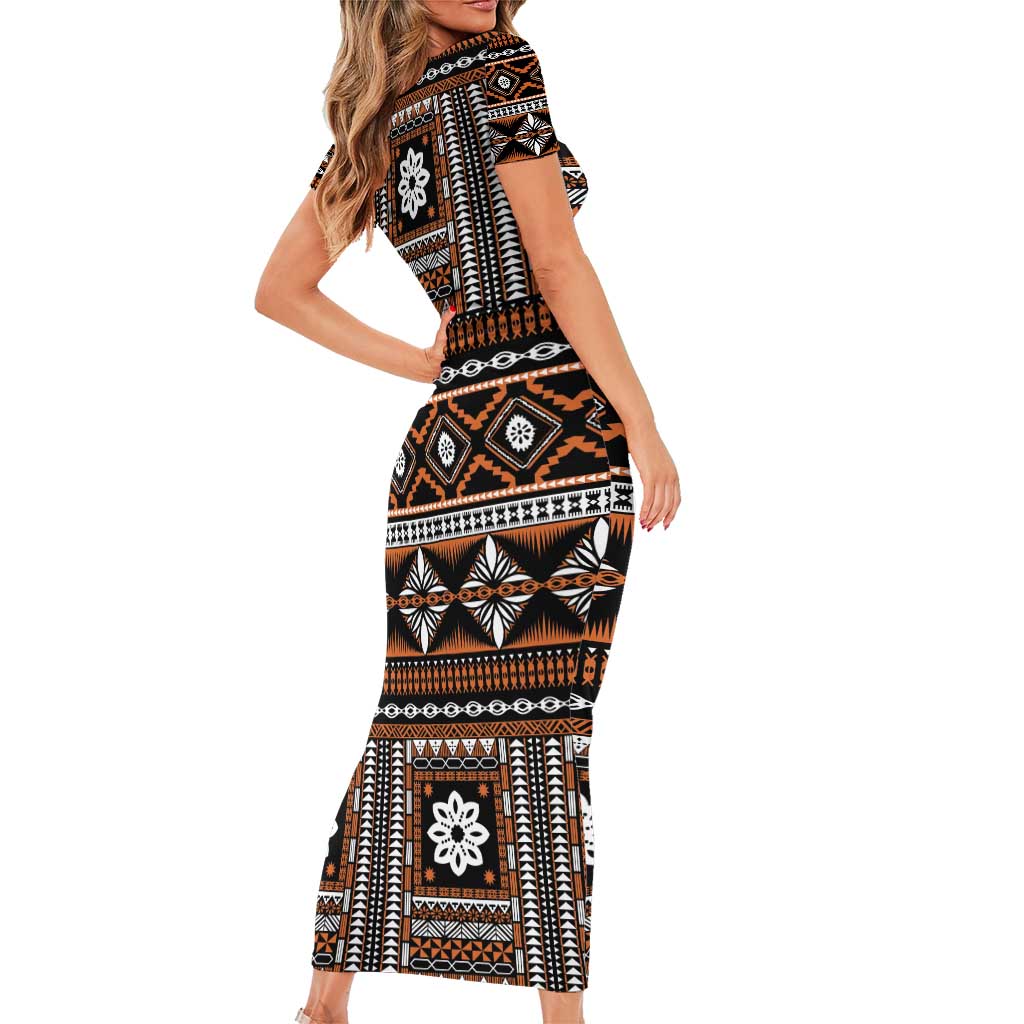 Fiji Masi Tapa Pattern Orange Short Sleeve Bodycon Dress LT01 - Polynesian Pride