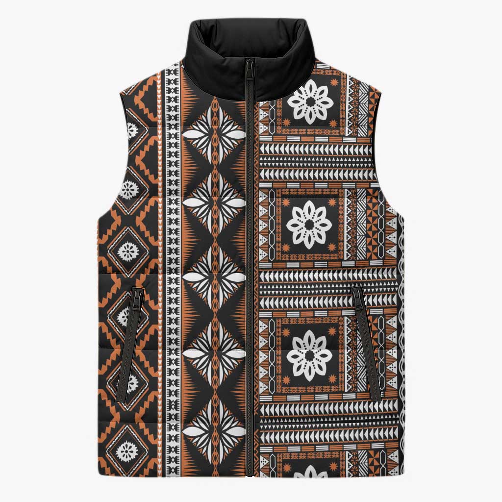 Fiji Masi Tapa Pattern Orange Sleeveless Puffer Jacket - Polynesian Pride