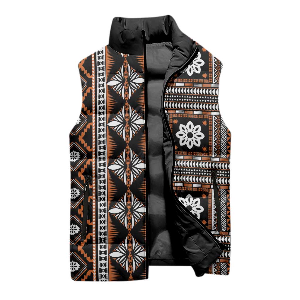 Fiji Masi Tapa Pattern Orange Sleeveless Puffer Jacket - Polynesian Pride