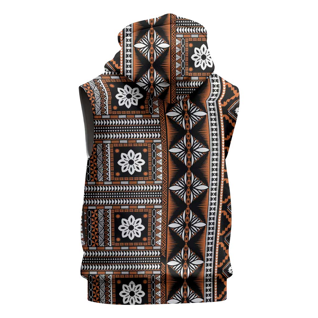 Fiji Masi Tapa Pattern Orange Sleeveless Zip Hoodie - Polynesian Pride