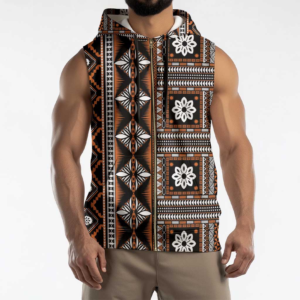 Fiji Masi Tapa Pattern Orange Sleeveless Zip Hoodie - Polynesian Pride
