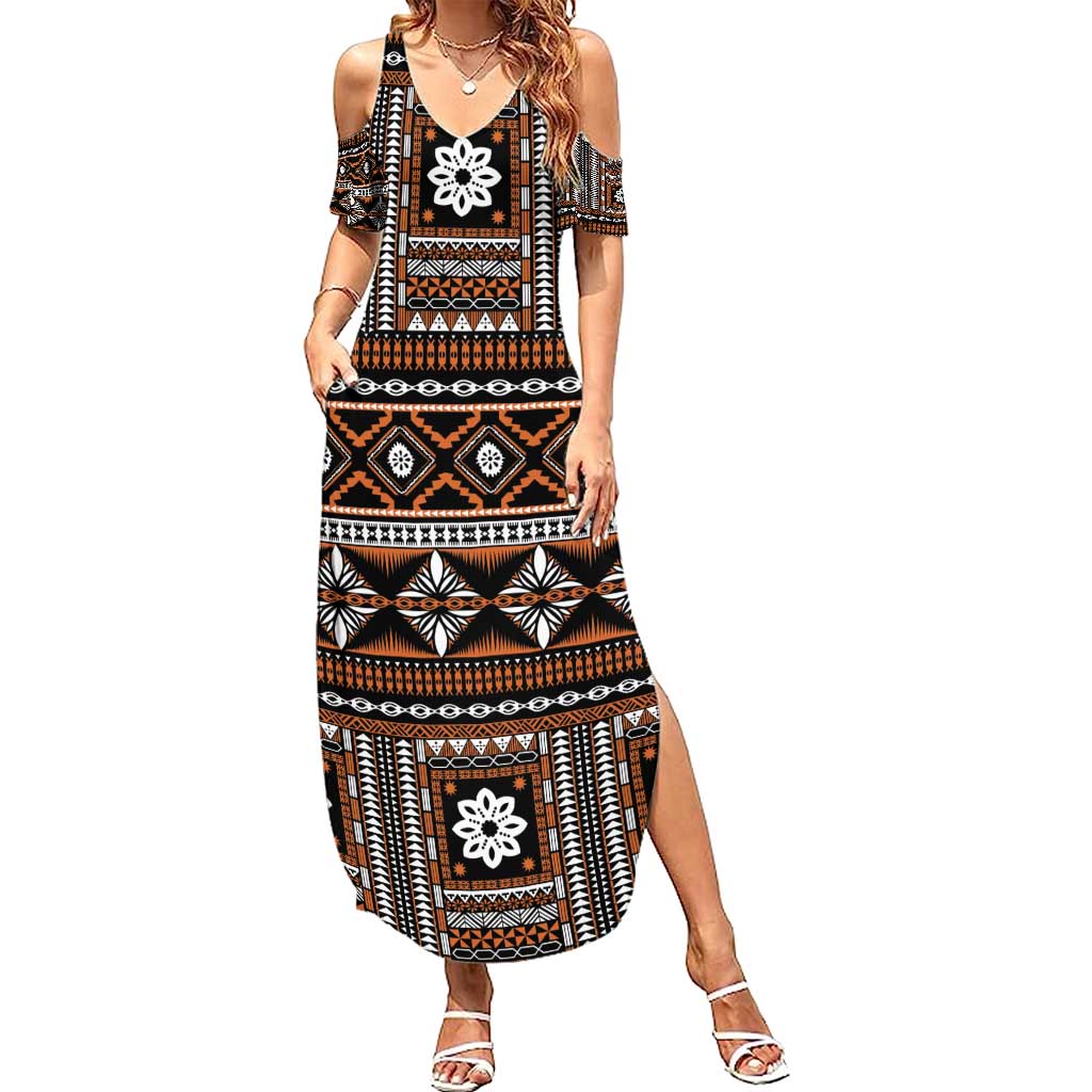 Fiji Masi Tapa Pattern Orange Summer Maxi Dress - Polynesian Pride