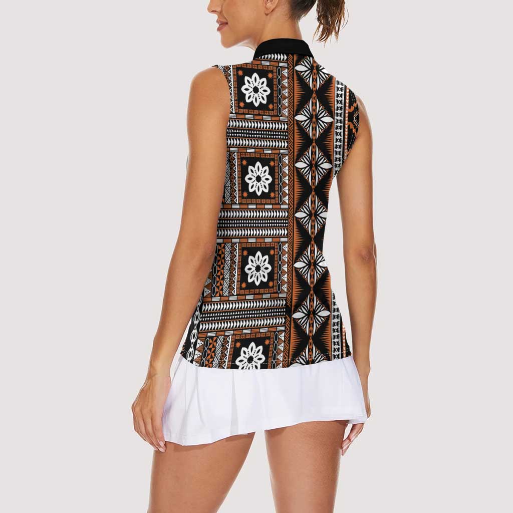 Fiji Masi Tapa Pattern Orange Women Sleeveless Polo Shirt - Polynesian Pride
