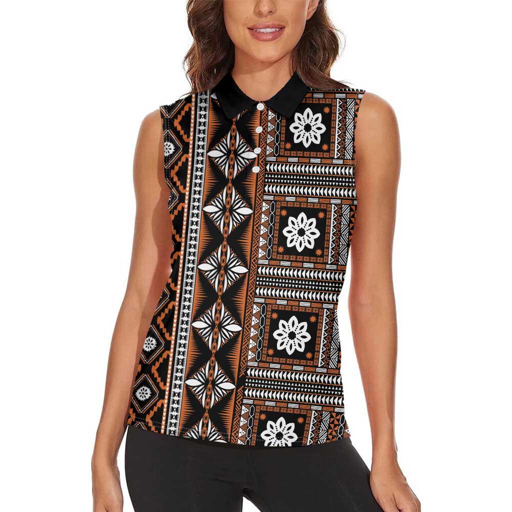 Fiji Masi Tapa Pattern Orange Women Sleeveless Polo Shirt - Polynesian Pride