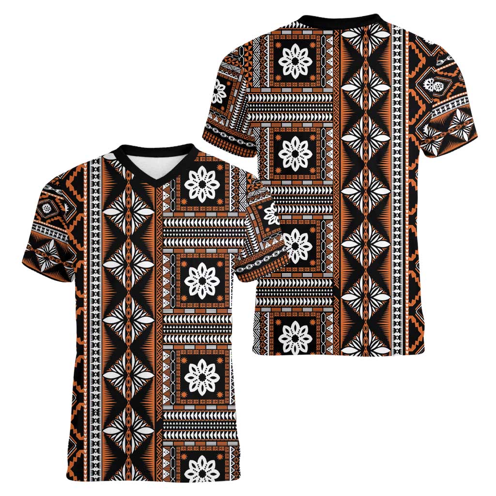Fiji Masi Tapa Pattern Orange Women V-Neck T-Shirt - Polynesian Pride