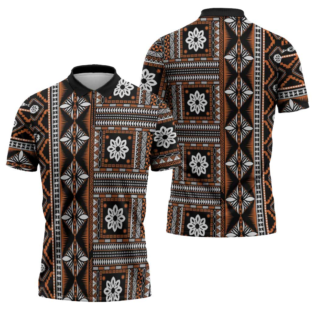Fiji Masi Tapa Pattern Orange Zipper Polo Shirt - Polynesian Pride