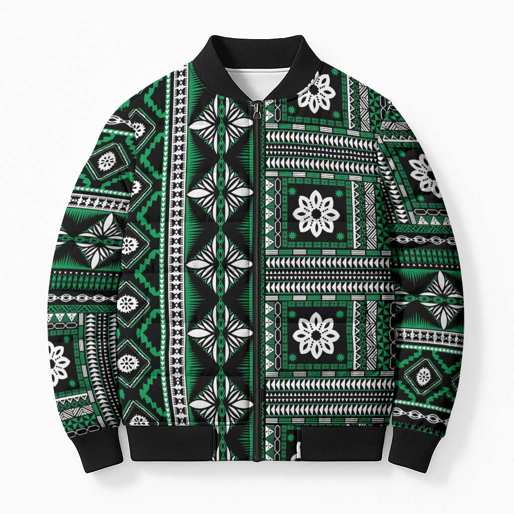 Fiji Masi Tapa Pattern Green Bomber Puffer Jacket - Polynesian Pride