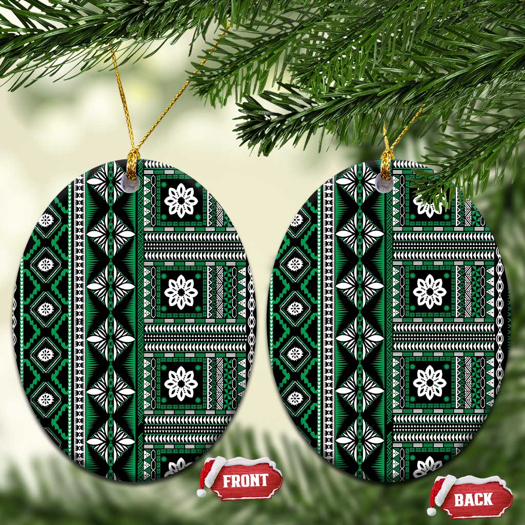 Fiji Masi Tapa Pattern Green Ceramic Ornament LT01 Oval Green - Polynesian Pride
