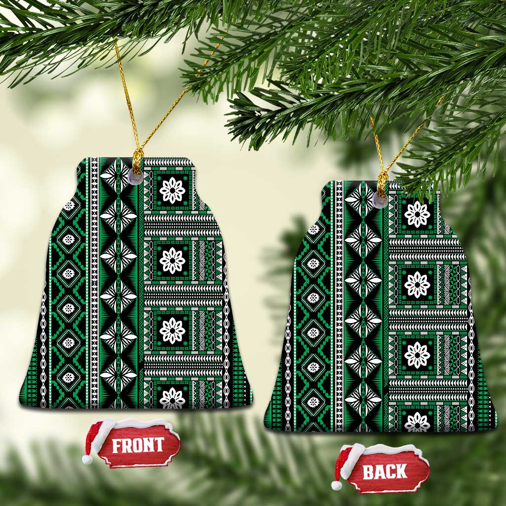 Fiji Masi Tapa Pattern Green Ceramic Ornament LT01 Bell Flake Green - Polynesian Pride
