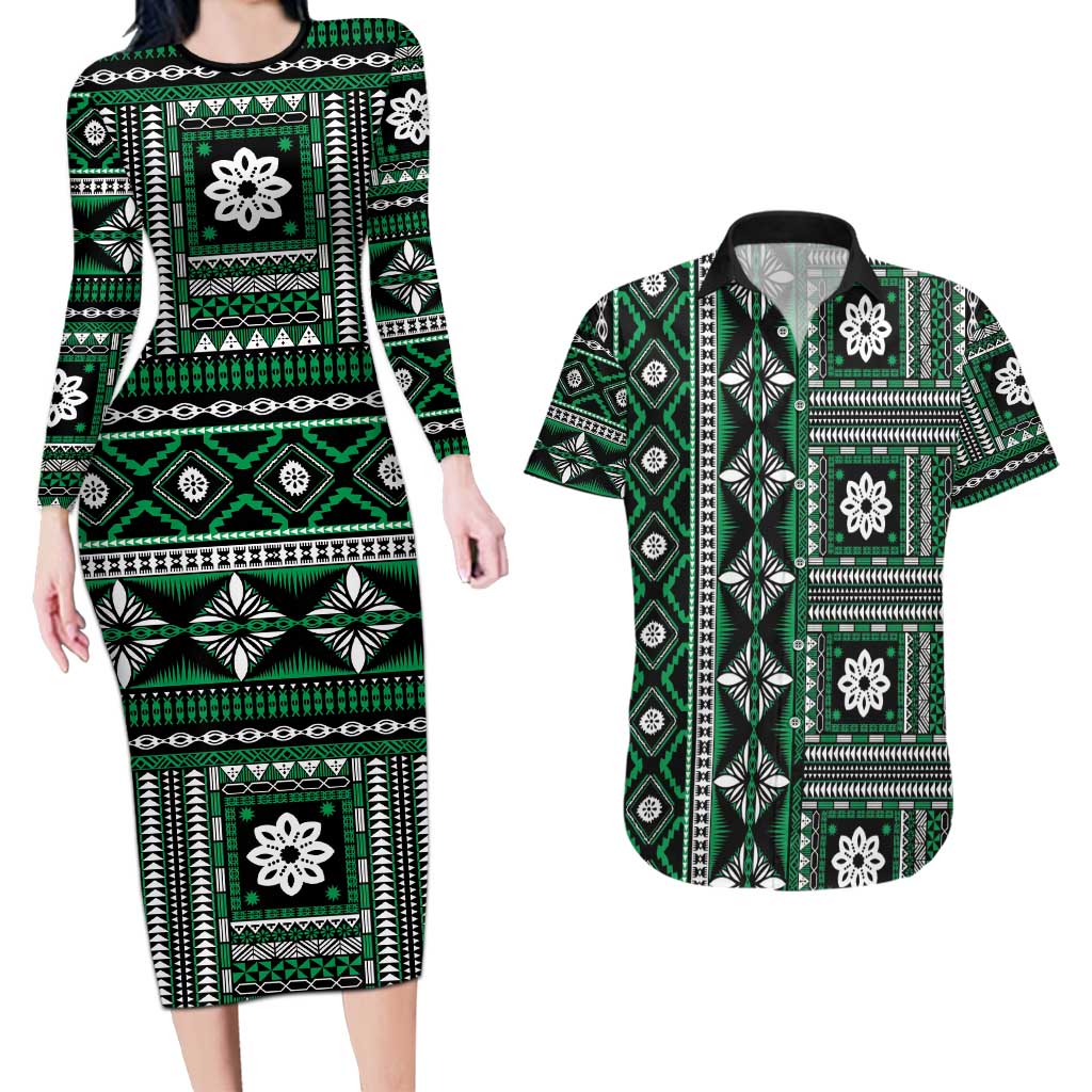 Fiji Masi Tapa Pattern Green Couples Matching Long Sleeve Bodycon Dress and Hawaiian Shirt - Polynesian Pride