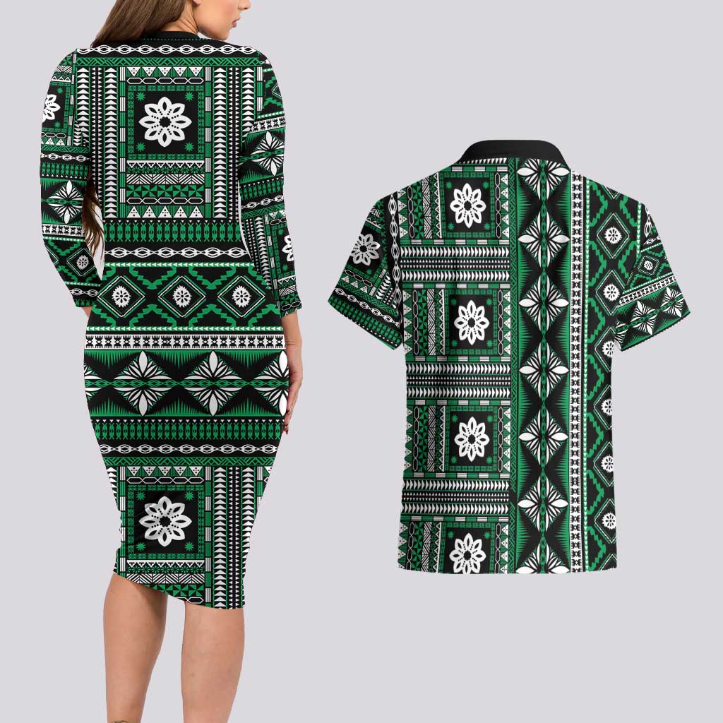 Fiji Masi Tapa Pattern Green Couples Matching Long Sleeve Bodycon Dress and Hawaiian Shirt - Polynesian Pride