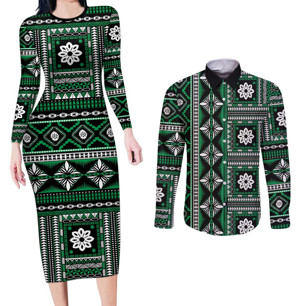 Fiji Masi Tapa Pattern Green Couples Matching Long Sleeve Bodycon Dress and Long Sleeve Button Shirt - Polynesian Pride