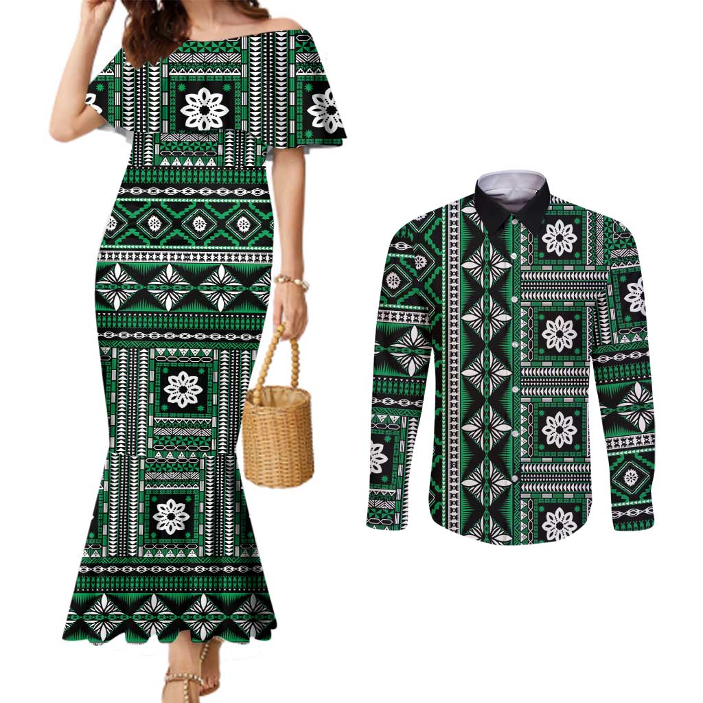 Fiji Masi Tapa Pattern Green Couples Matching Mermaid Dress and Long Sleeve Button Shirt - Polynesian Pride