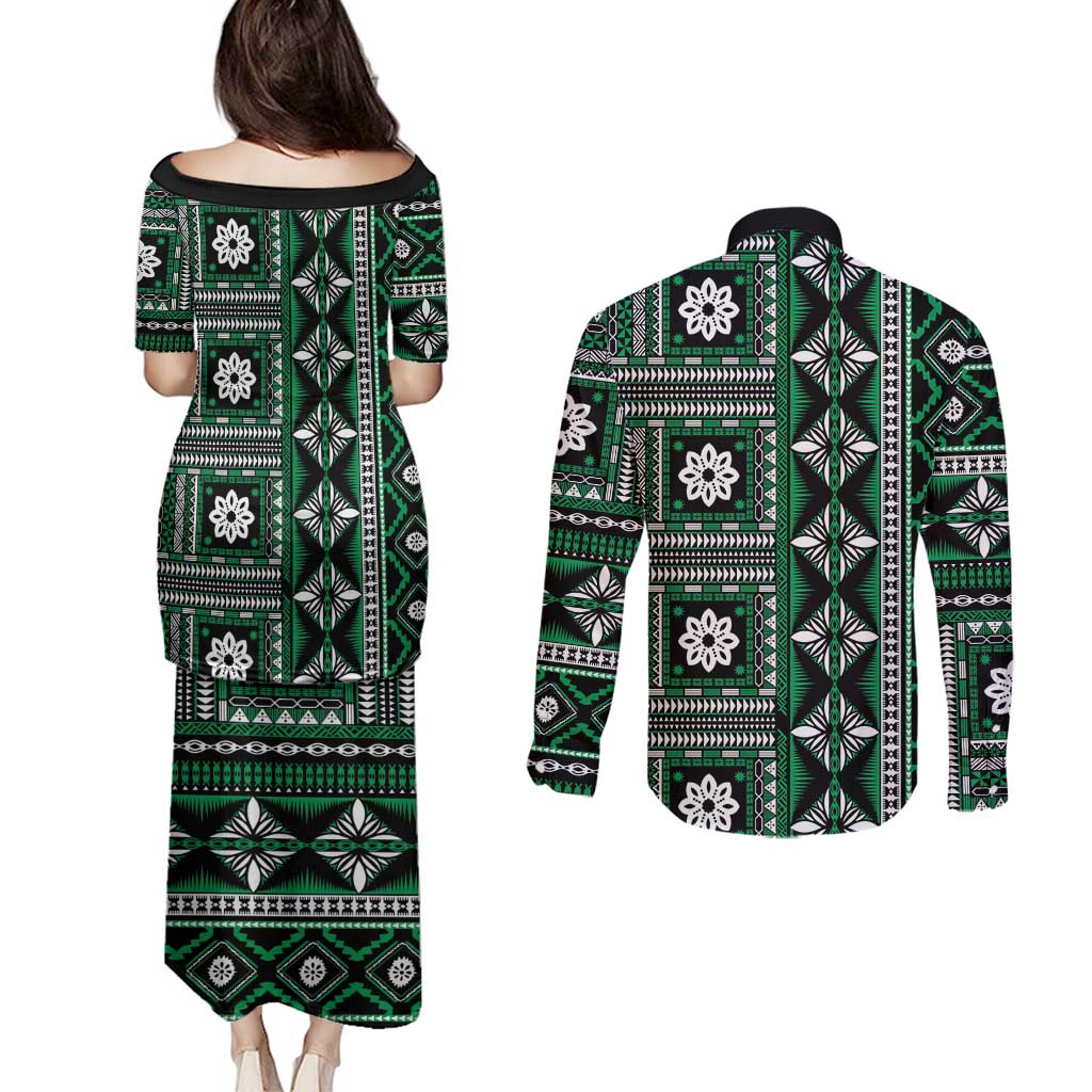 Fiji Masi Tapa Pattern Green Couples Matching Puletasi and Long Sleeve Button Shirt - Polynesian Pride