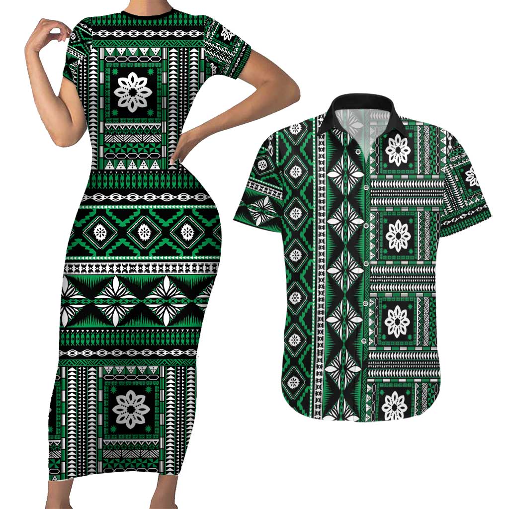 Fiji Masi Tapa Pattern Green Couples Matching Short Sleeve Bodycon Dress and Hawaiian Shirt - Polynesian Pride