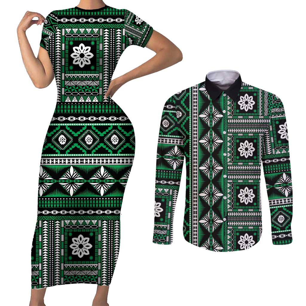 Fiji Masi Tapa Pattern Green Couples Matching Short Sleeve Bodycon Dress and Long Sleeve Button Shirt - Polynesian Pride