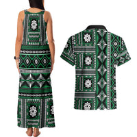 Fiji Masi Tapa Pattern Green Couples Matching Tank Maxi Dress and Hawaiian Shirt - Polynesian Pride