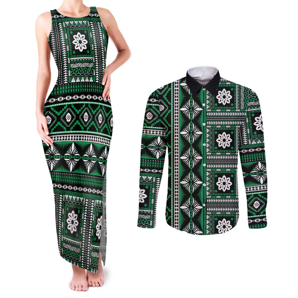 Fiji Masi Tapa Pattern Green Couples Matching Tank Maxi Dress and Long Sleeve Button Shirt - Polynesian Pride