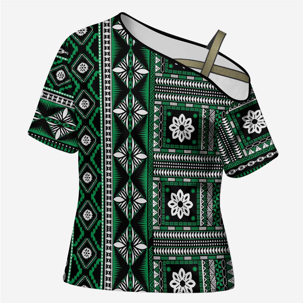 Fiji Masi Tapa Pattern Green Cross Shoulder Shirt - Polynesian Pride