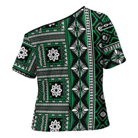 Fiji Masi Tapa Pattern Green Cross Shoulder Shirt - Polynesian Pride
