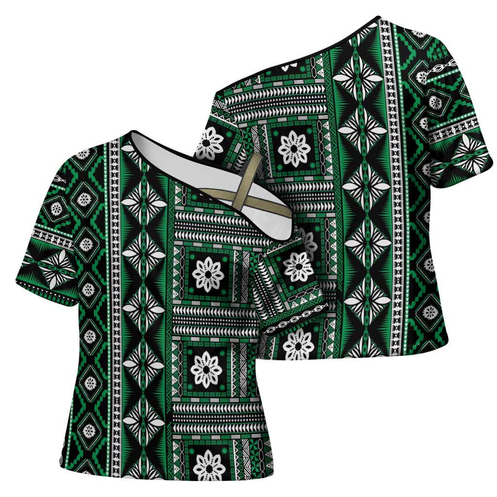 Fiji Masi Tapa Pattern Green Cross Shoulder Shirt - Polynesian Pride