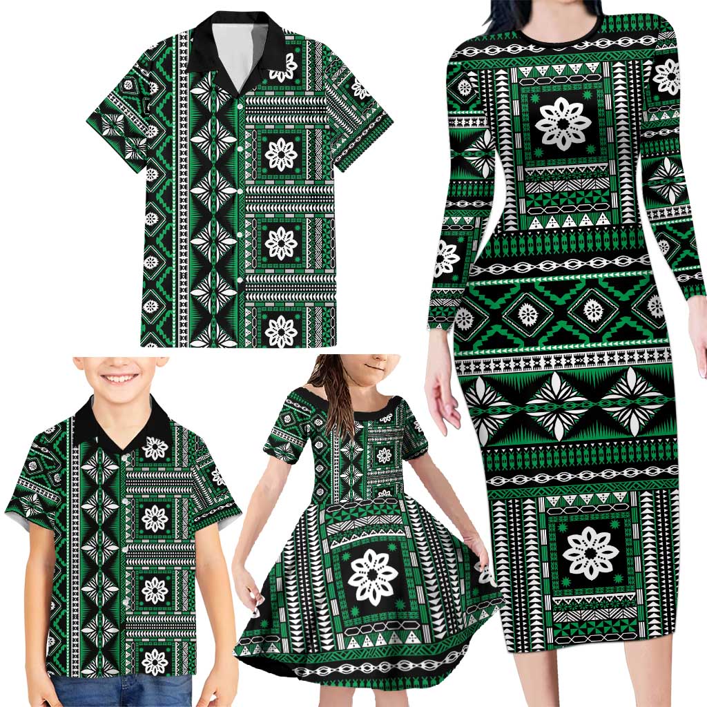 Fiji Masi Tapa Pattern Green Family Matching Long Sleeve Bodycon Dress and Hawaiian Shirt - Polynesian Pride