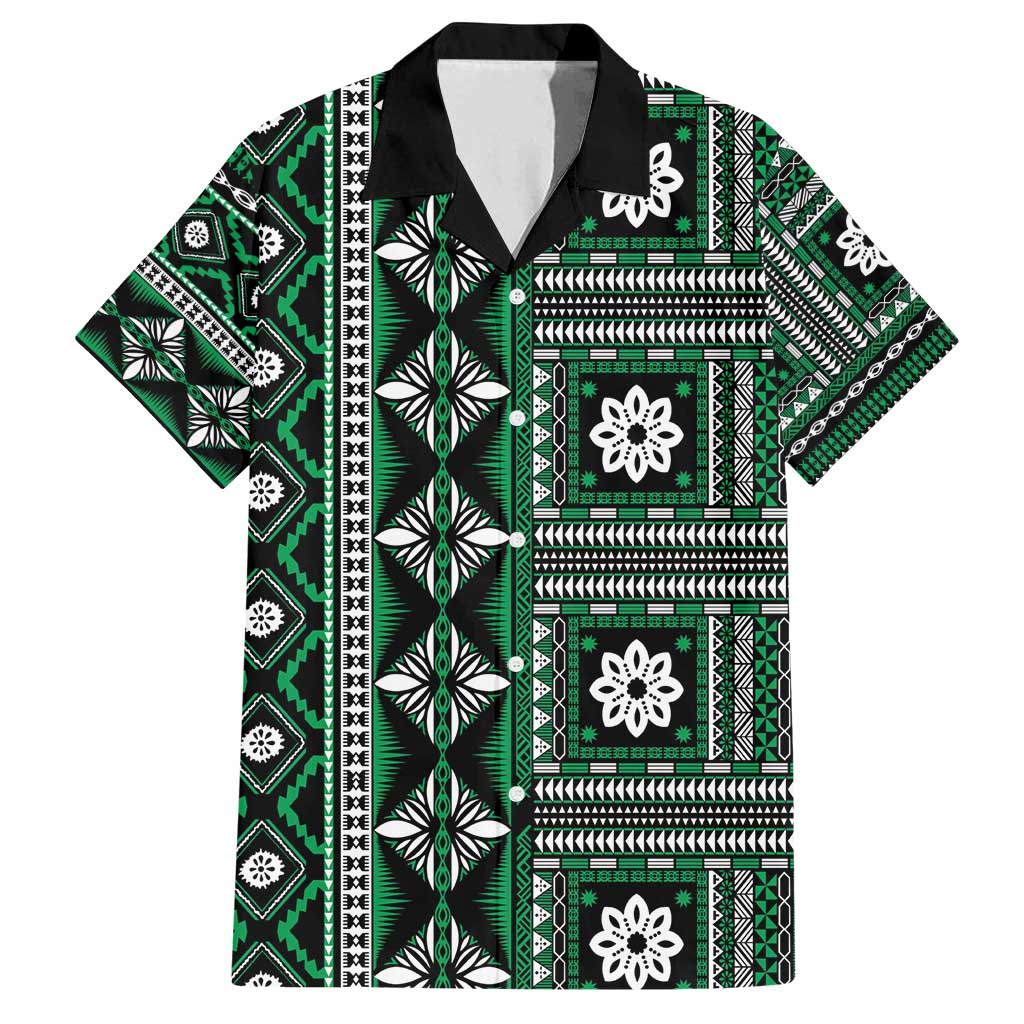 Fiji Masi Tapa Pattern Green Family Matching Long Sleeve Bodycon Dress and Hawaiian Shirt - Polynesian Pride