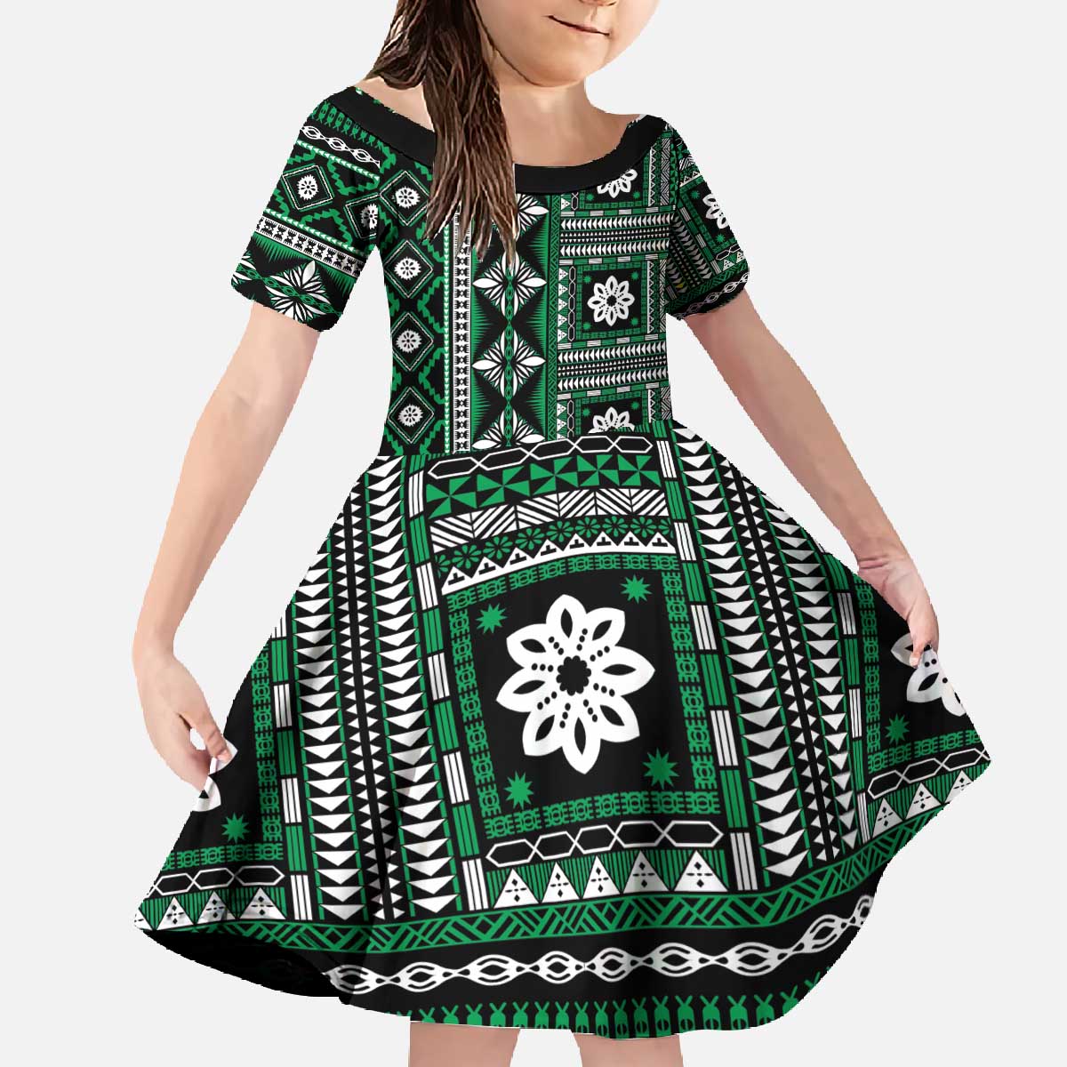 Fiji Masi Tapa Pattern Green Family Matching Off The Shoulder Long Sleeve Dress and Hawaiian Shirt - Polynesian Pride