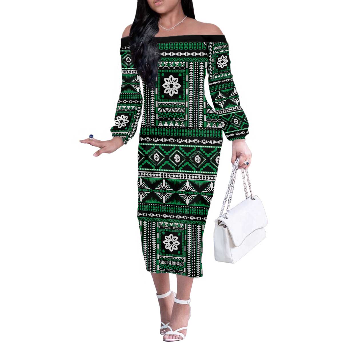 Fiji Masi Tapa Pattern Green Family Matching Off The Shoulder Long Sleeve Dress and Hawaiian Shirt - Polynesian Pride