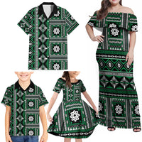 Fiji Masi Tapa Pattern Green Family Matching Off Shoulder Maxi Dress and Hawaiian Shirt - Polynesian Pride