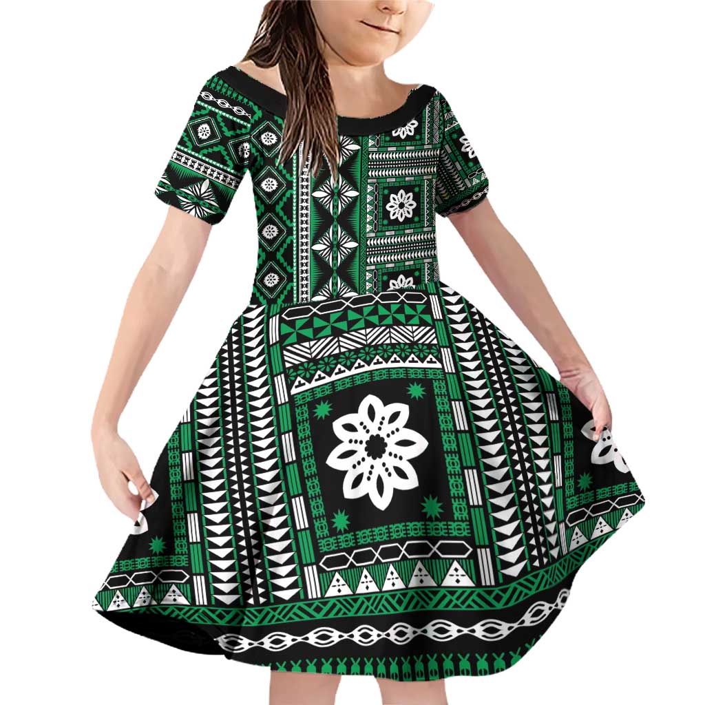 Fiji Masi Tapa Pattern Green Family Matching Off Shoulder Short Dress and Hawaiian Shirt - Polynesian Pride