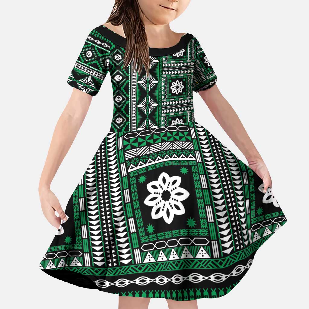 Fiji Masi Tapa Pattern Green Family Matching Short Sleeve Bodycon Dress and Hawaiian Shirt - Polynesian Pride