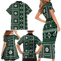 Fiji Masi Tapa Pattern Green Family Matching Short Sleeve Bodycon Dress and Hawaiian Shirt - Polynesian Pride