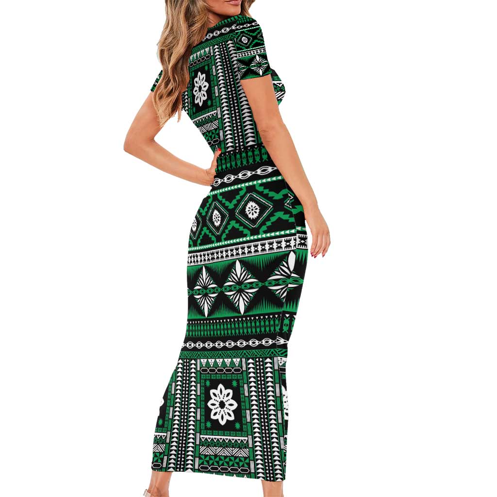 Fiji Masi Tapa Pattern Green Family Matching Short Sleeve Bodycon Dress and Hawaiian Shirt - Polynesian Pride