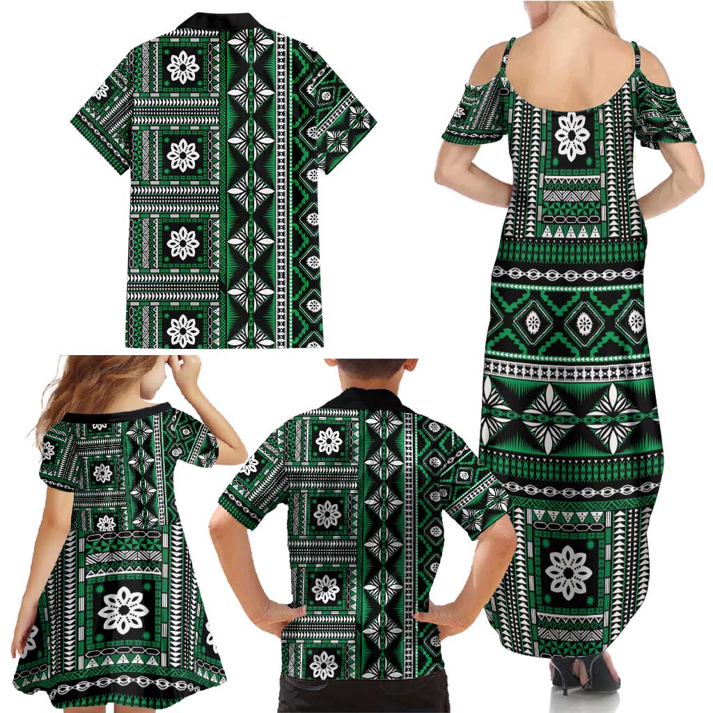Fiji Masi Tapa Pattern Green Family Matching Summer Maxi Dress and Hawaiian Shirt - Polynesian Pride