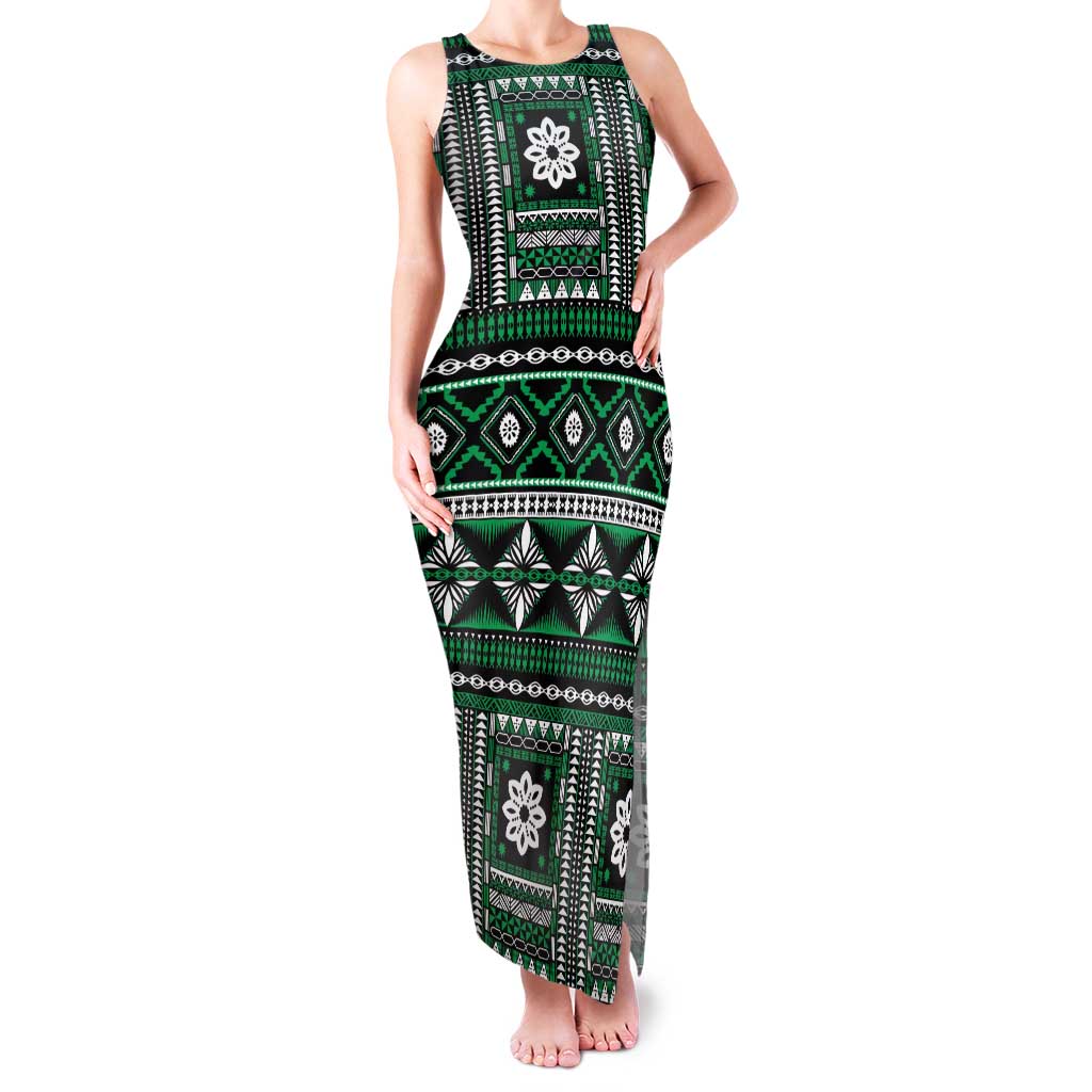 Fiji Masi Tapa Pattern Green Family Matching Tank Maxi Dress and Hawaiian Shirt - Polynesian Pride