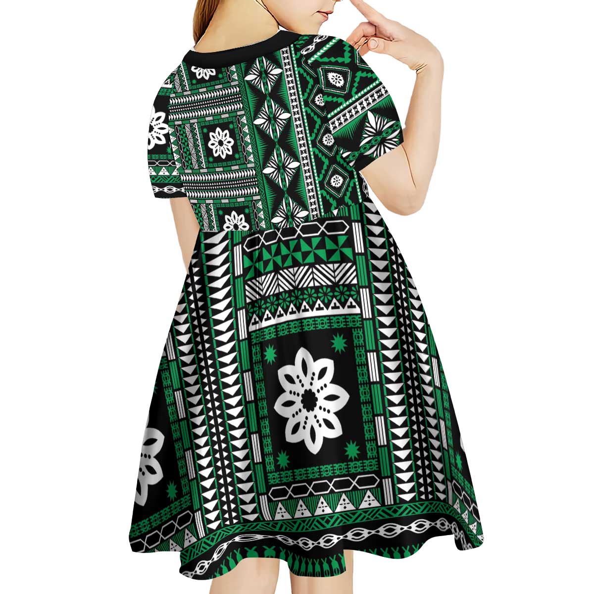 Fiji Masi Tapa Pattern Green Kid Short Sleeve Dress - Polynesian Pride