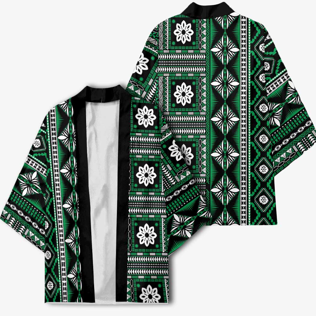 Fiji Masi Tapa Pattern Green Kimono - Polynesian Pride
