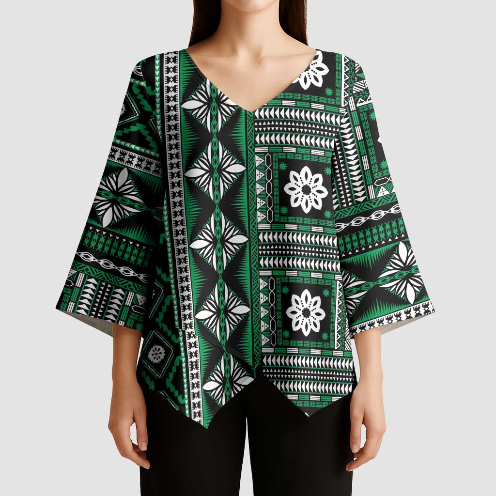 Fiji Masi Tapa Pattern Green Kimono Sleeve Blouse - Polynesian Pride